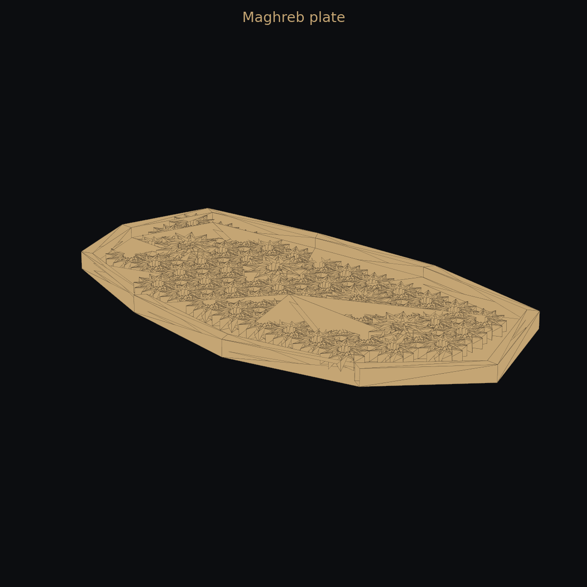 Maghreb plate — 3D coast schematic (two-color)
