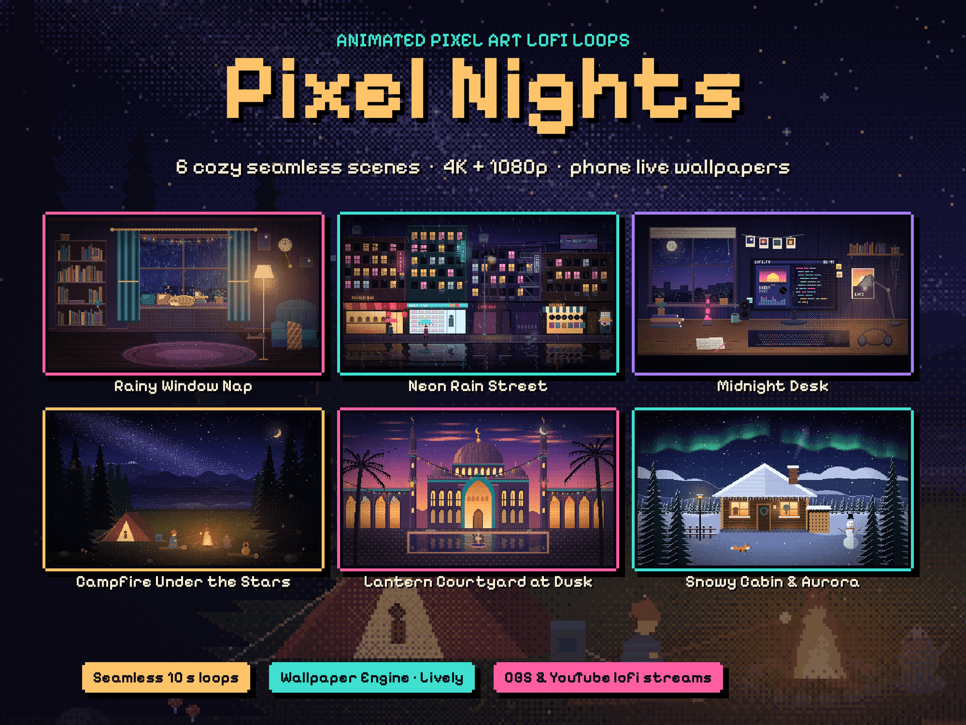 Pixel Nights – Animated Lofi Pixel Art Loops (4K, Phone, OBS)