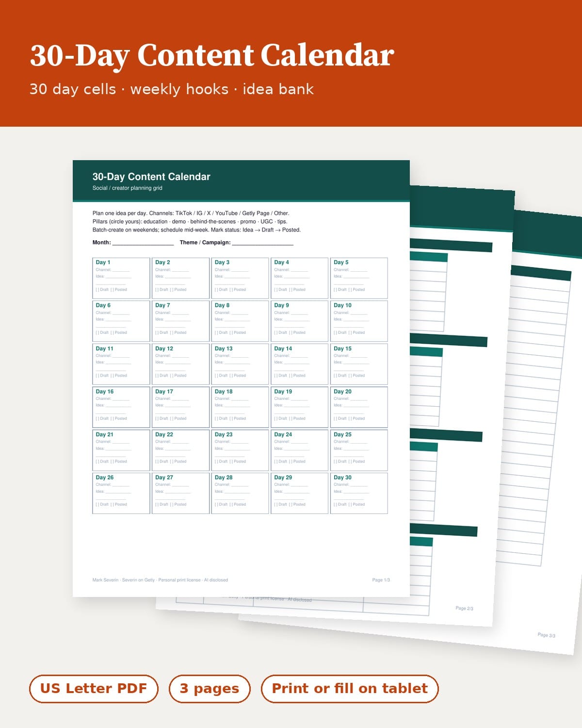 30-Day Content Calendar (Creator Printable)