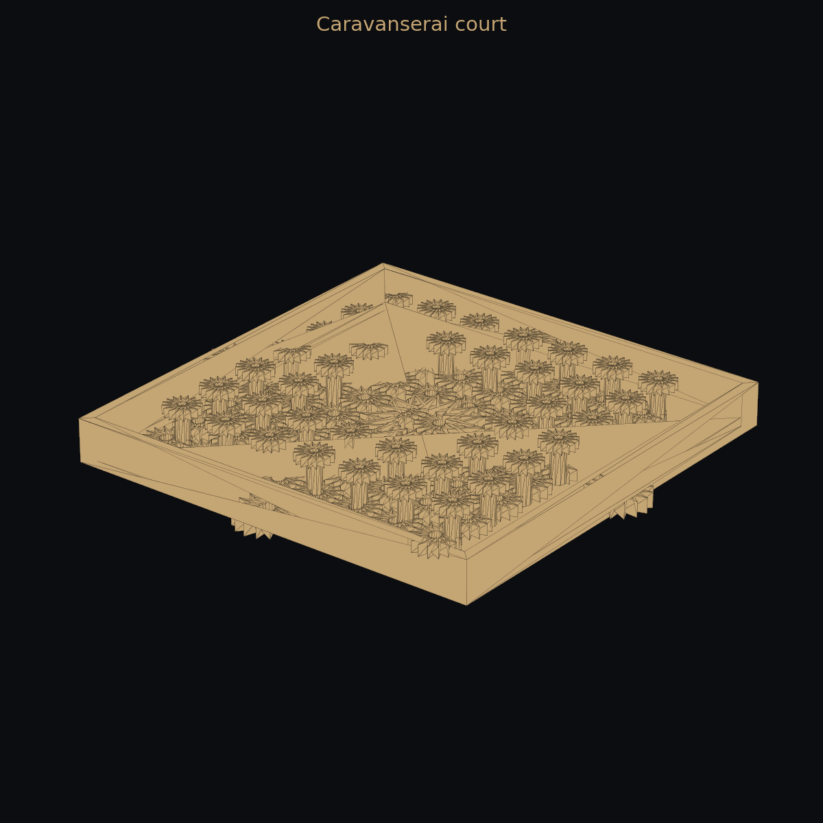 Caravanserai court — 3D schematic (two-color)