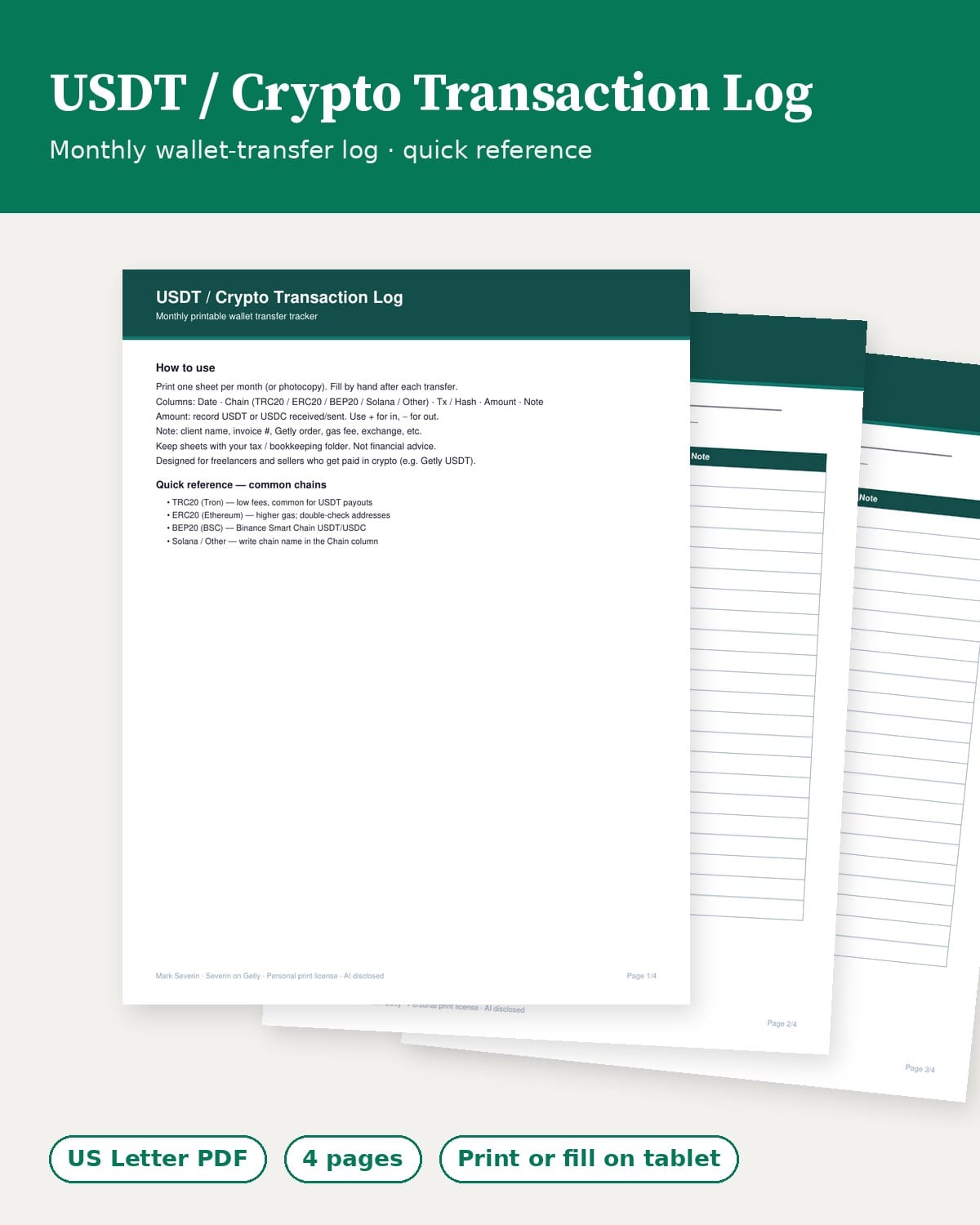 USDT / Crypto Transaction Log (Printable Monthly)