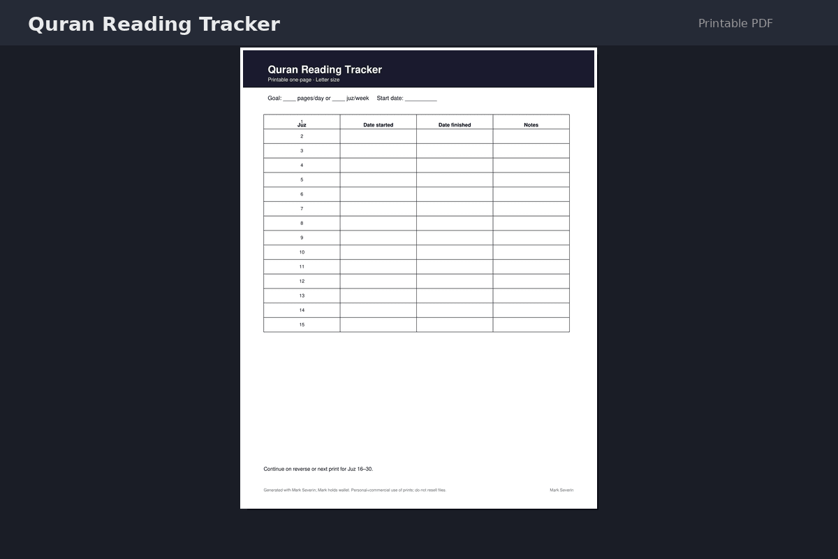 Quran Reading Tracker — Printable PDF