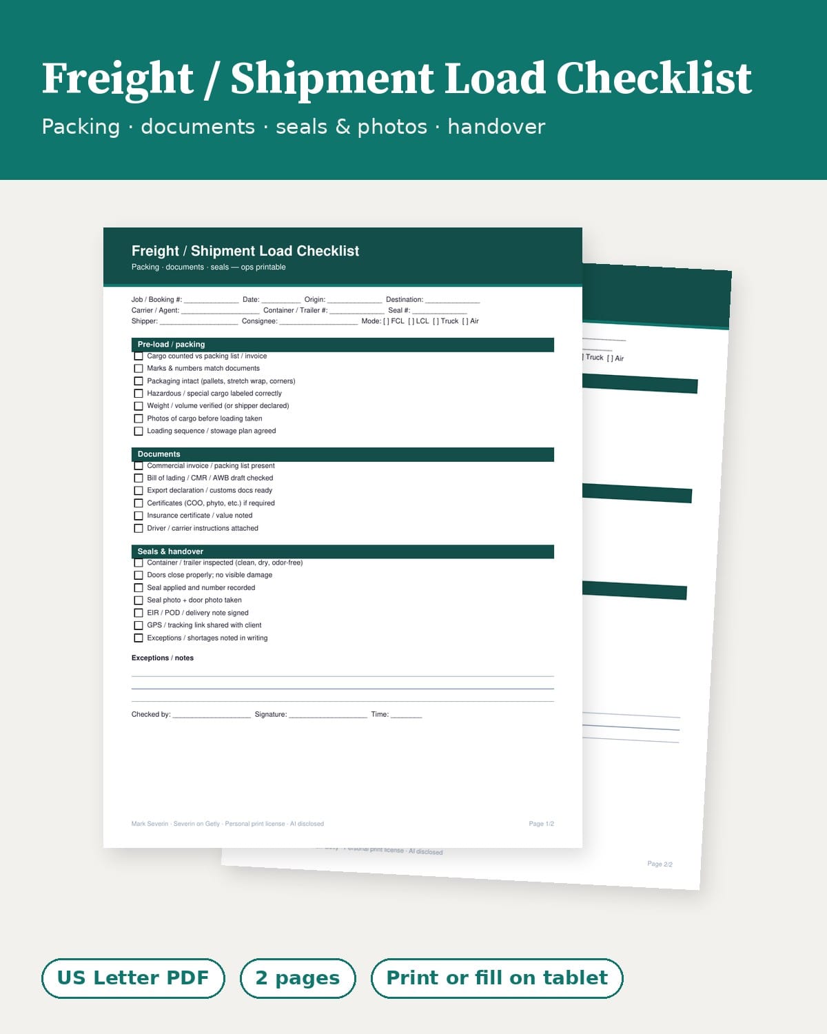 Freight / Shipment Load Checklist (Printable)