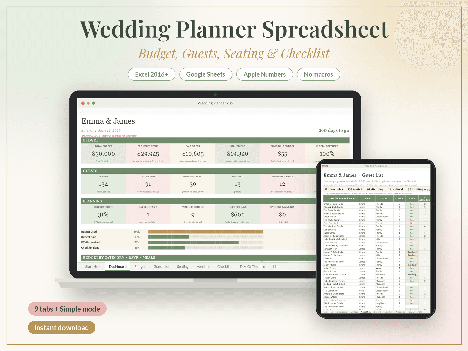 Wedding Planner Spreadsheet – Excel, Google Sheets & Numbers: Budget Tracker, Guest List RSVP, Seating Chart, Checklist