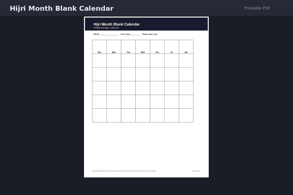 Hijri Month Blank Calendar — Printable PDF