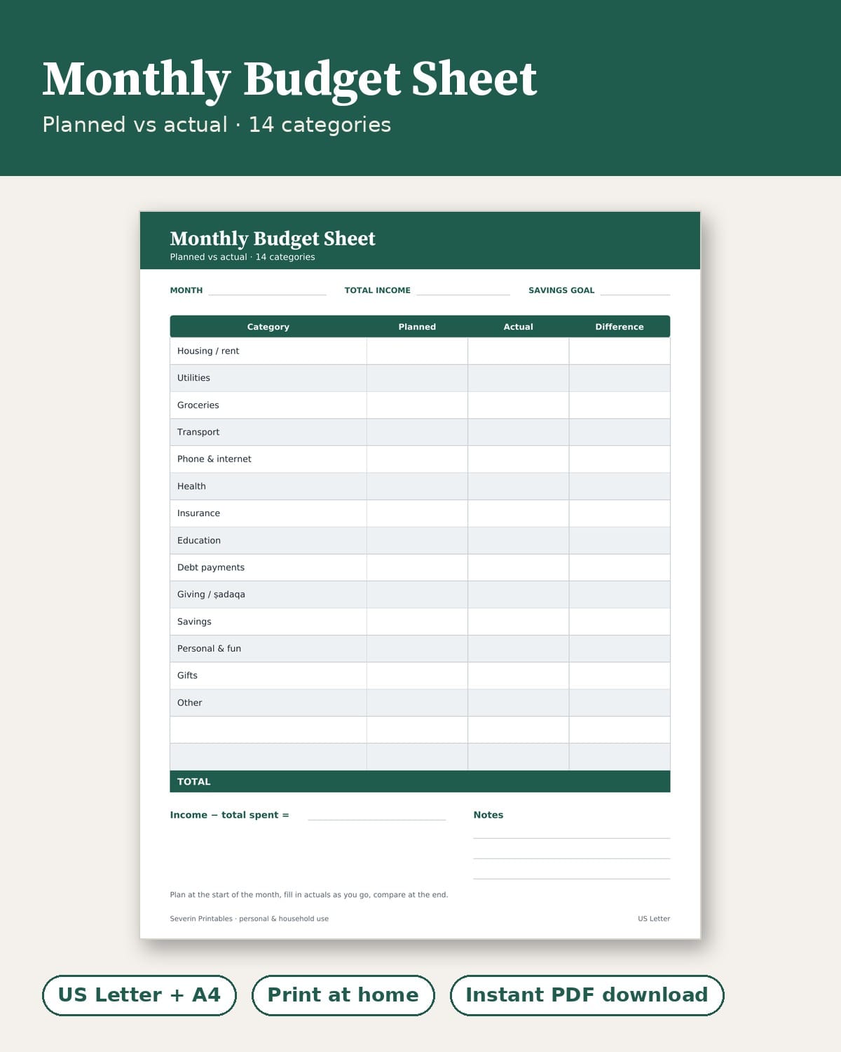 Monthly Budget Sheet — Printable PDF