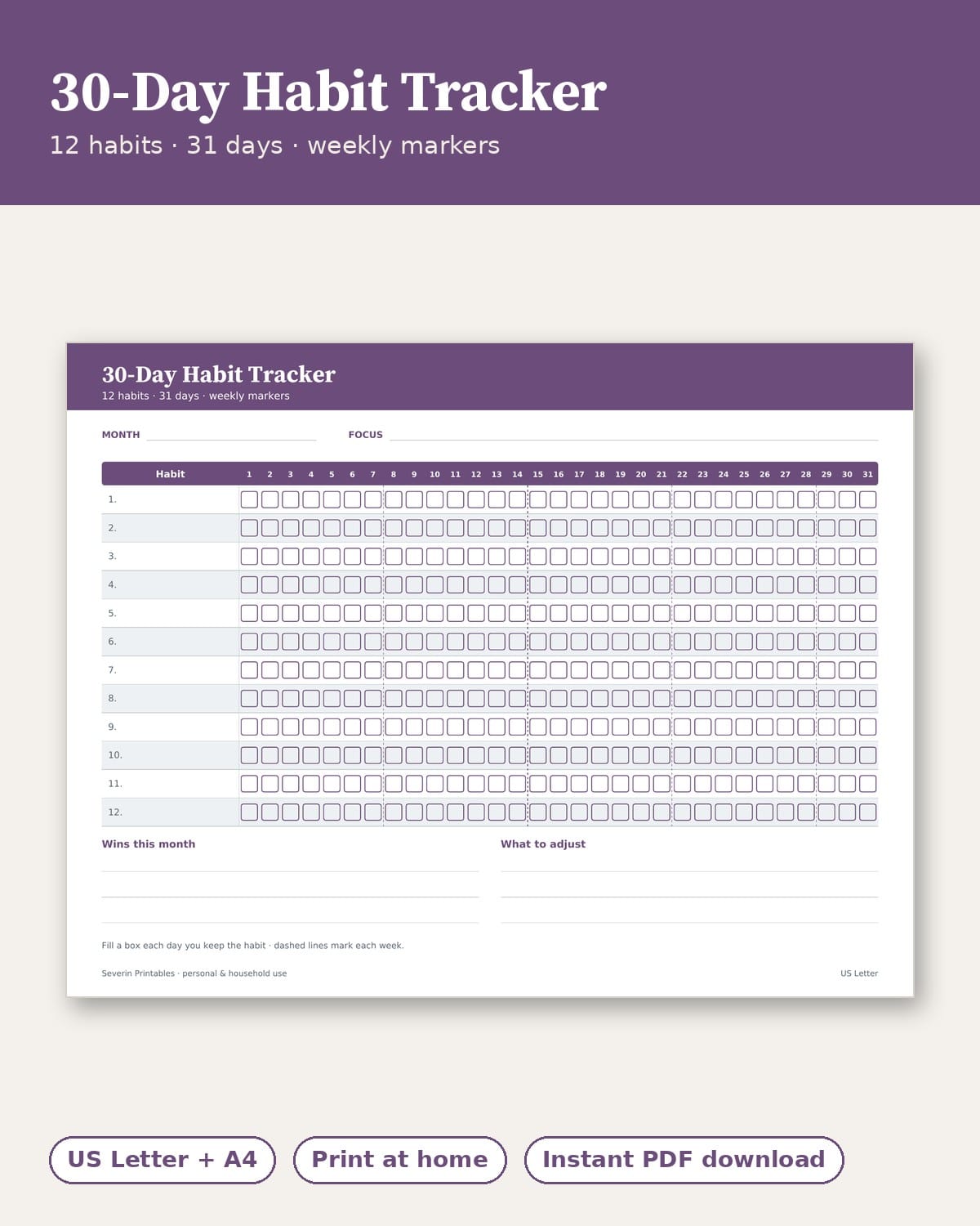 Habit Tracker — 30-Day Printable PDF