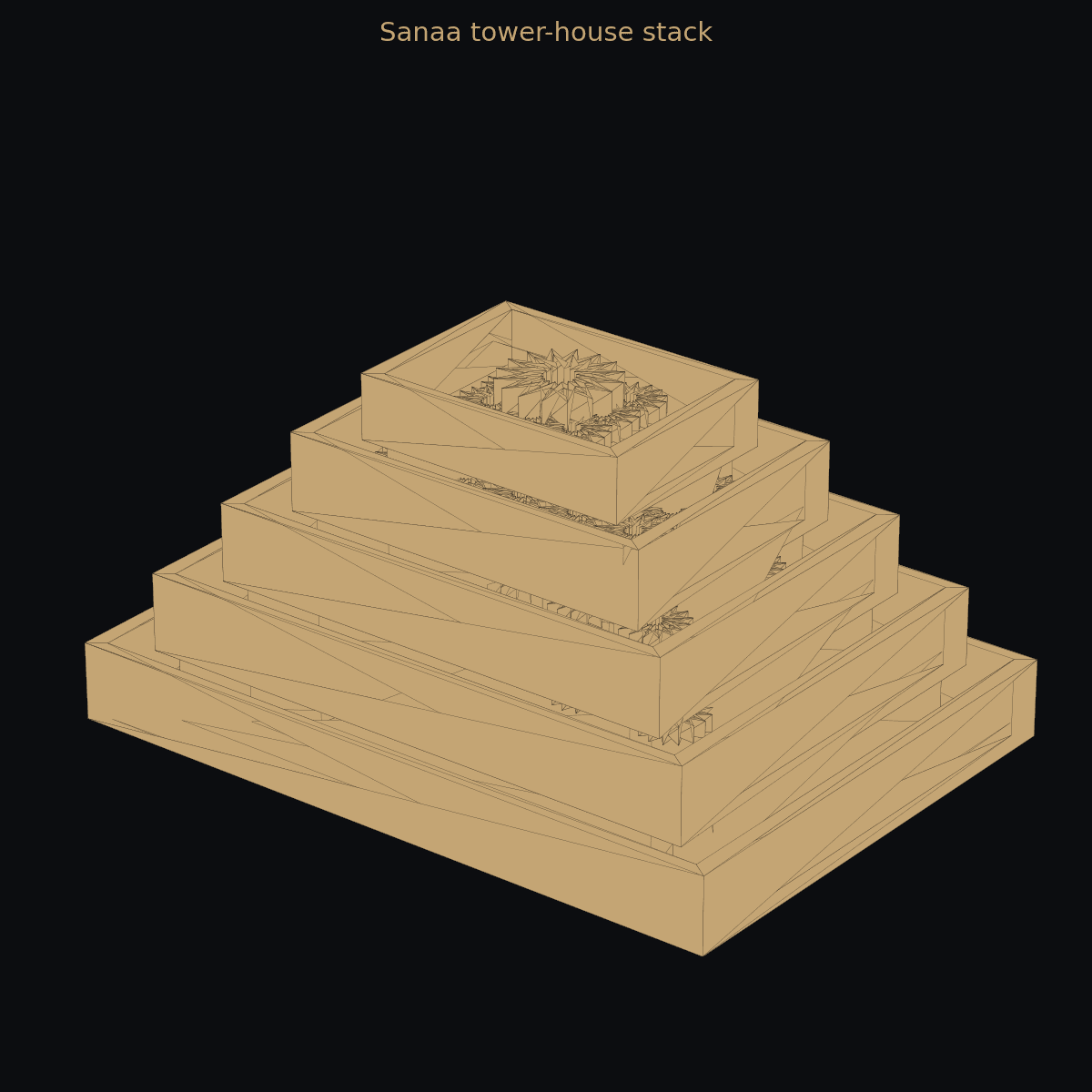 Sanaa tower-house stack — 3D schematic (two-color)