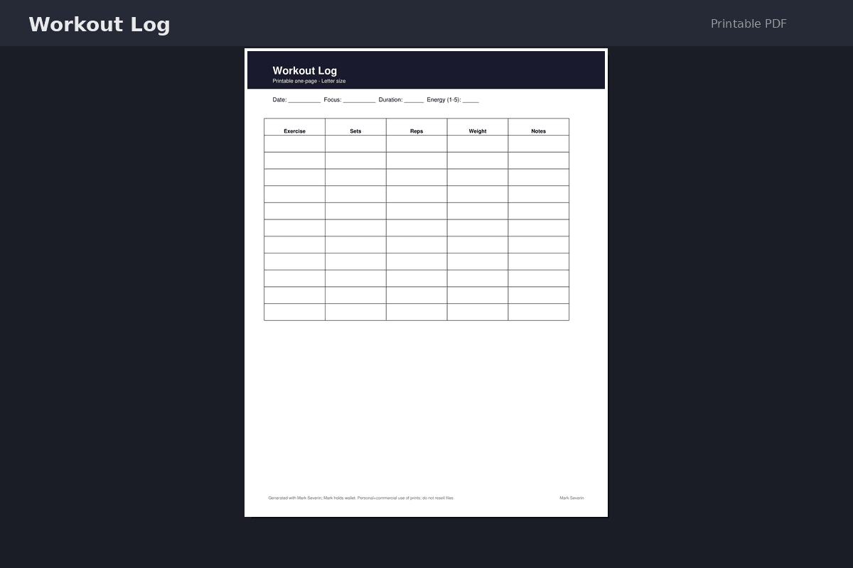 Workout Log — Printable PDF