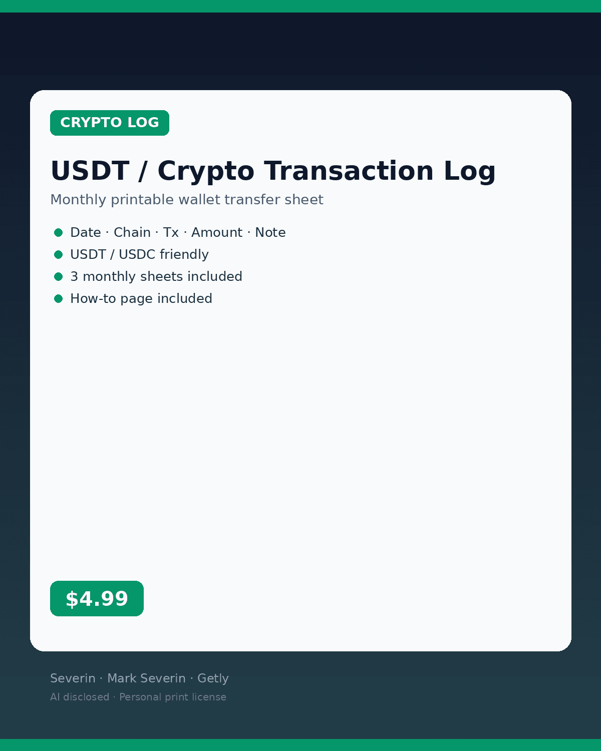 USDT / Crypto Transaction Log (Printable Monthly)