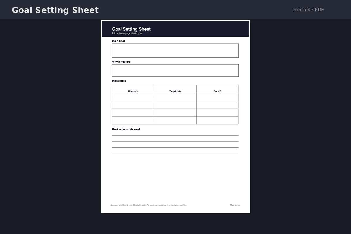 Goal Setting Sheet — Printable PDF