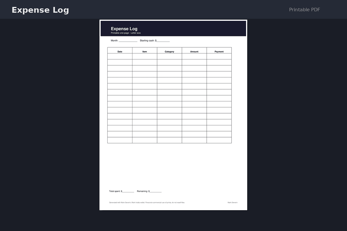 Expense Log — Printable PDF