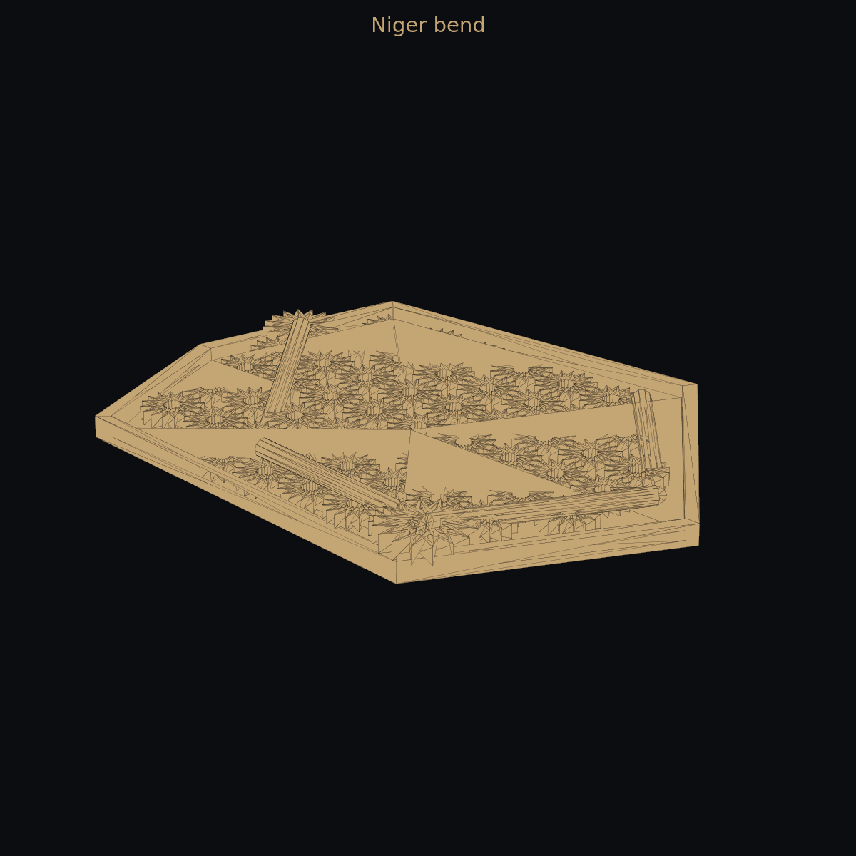 Niger bend — 3D schematic (two-color)