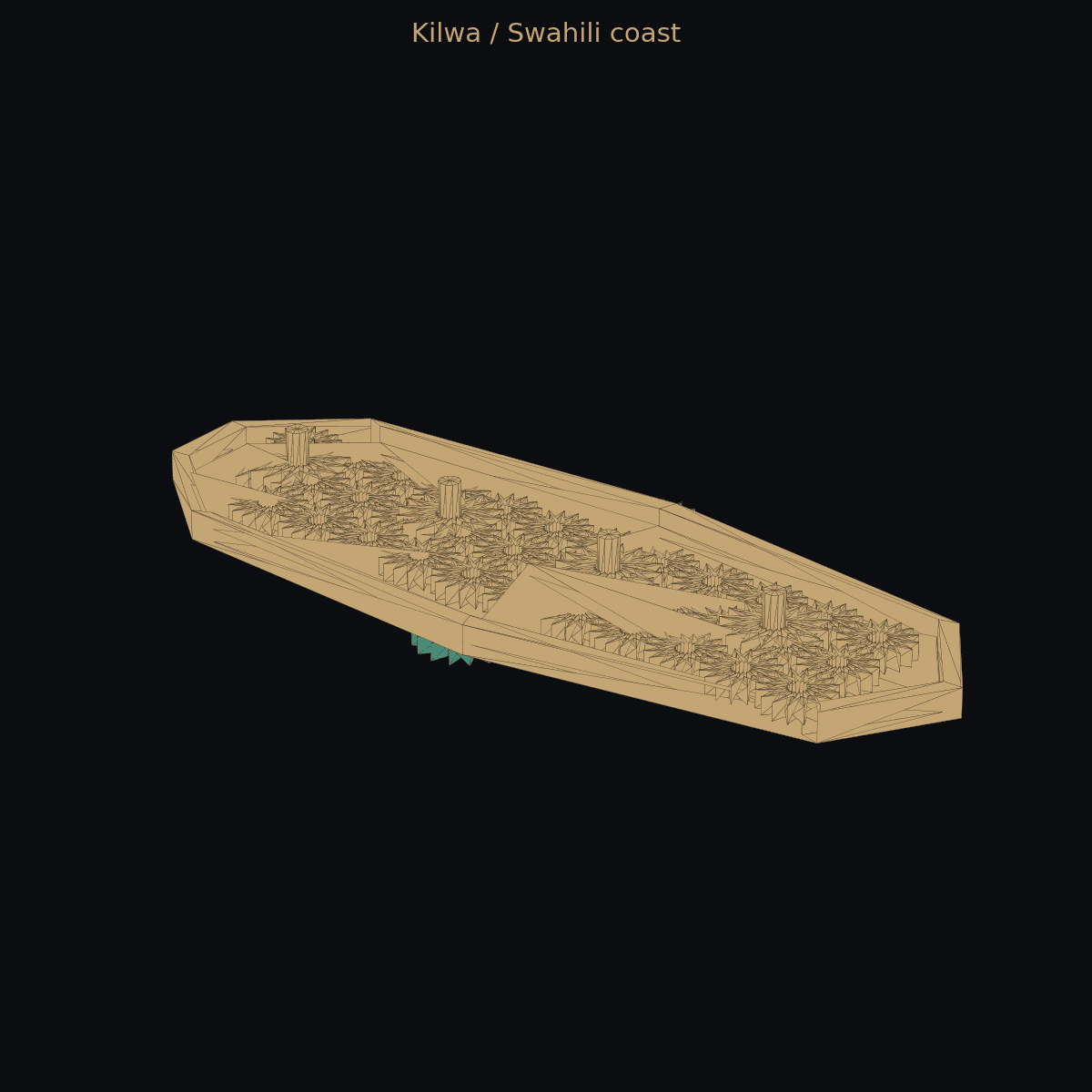 Kilwa / Swahili coast — 3D schematic (two-color)