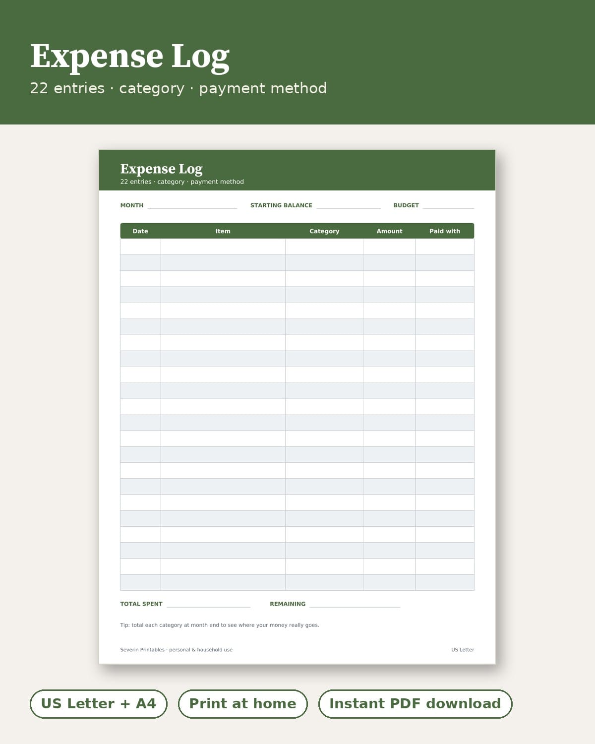 Expense Log — Printable PDF