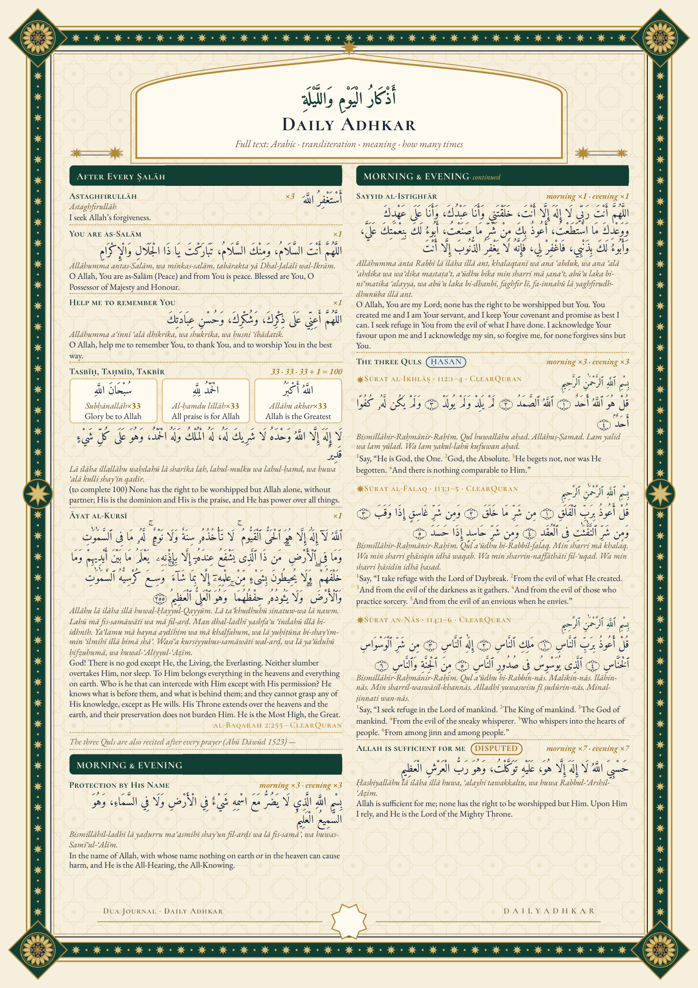Daily Adhkar Sheet Printable – 2-Page A4 Cheat Sheet with Arabic, Transliteration & Meaning, Colour and Black & White PDFs