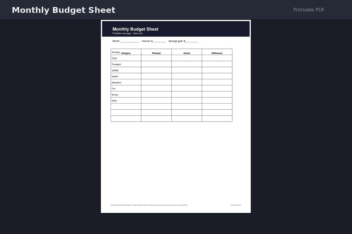 Monthly Budget Sheet — Printable PDF