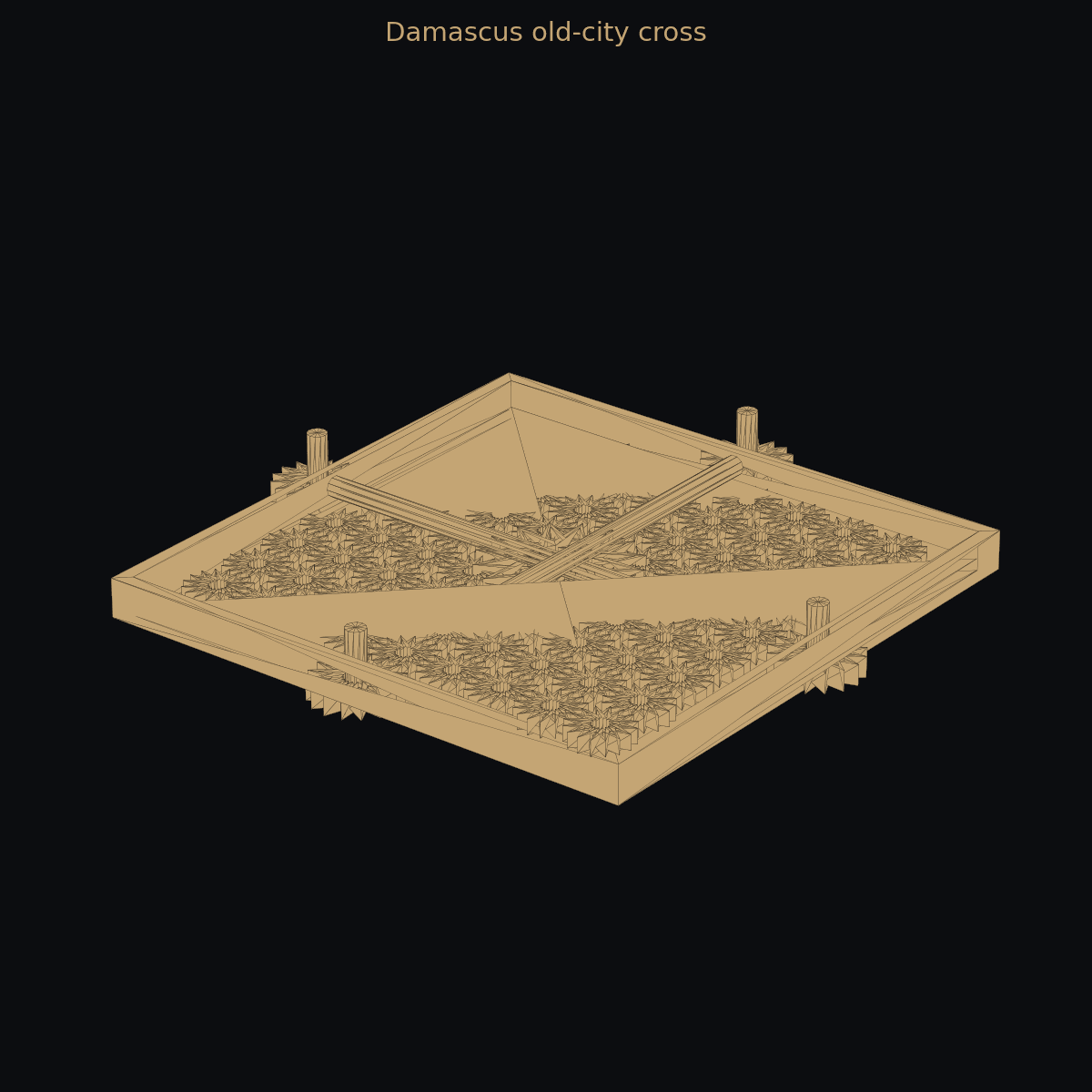 Damascus old-city cross — 3D schematic (two-color)