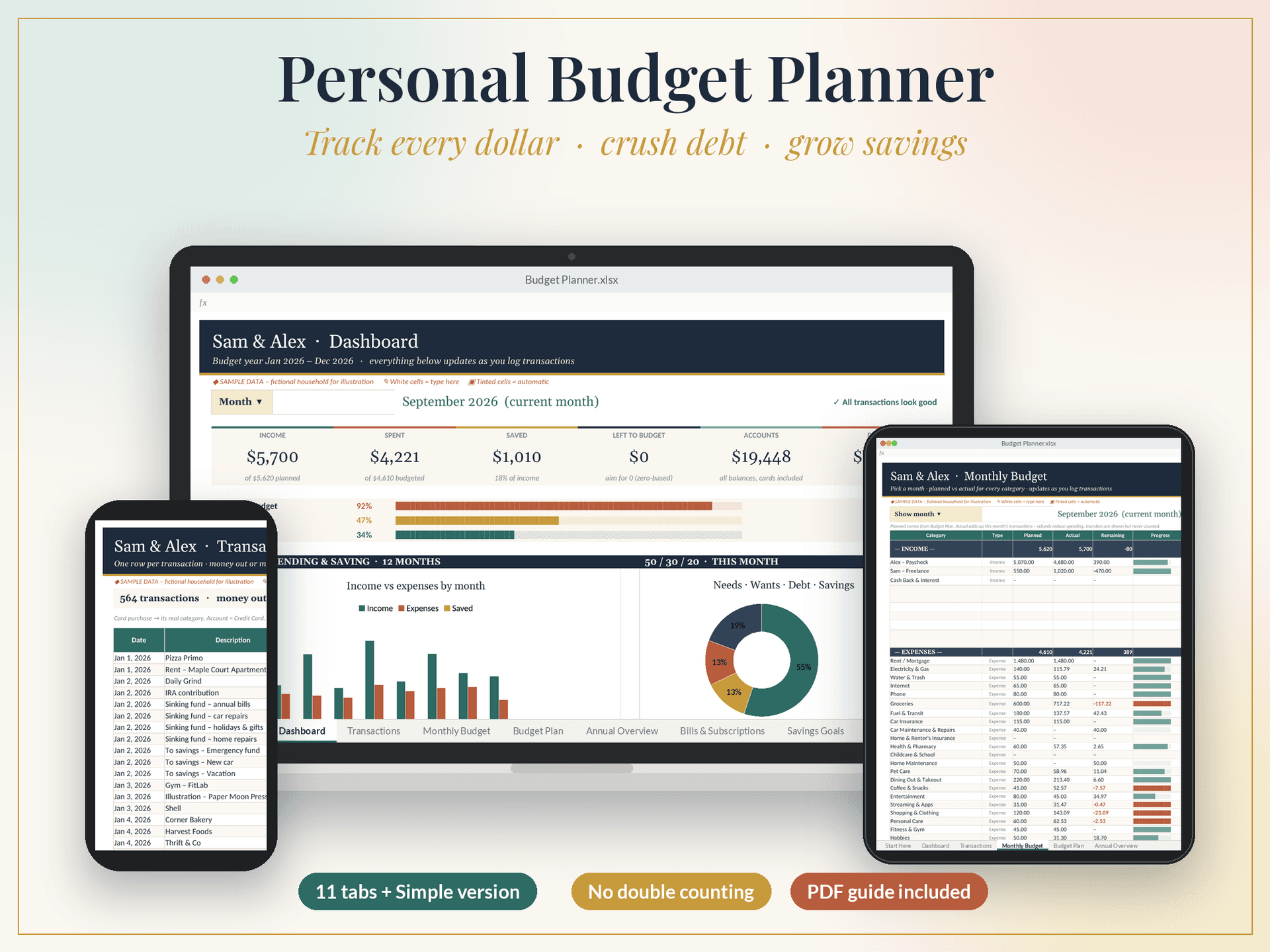 Personal Budget Planner Spreadsheet – Excel, Google Sheets & Numbers | Monthly Budget, Expense Tracker, Debt Snowball, Savings Goals, Bills