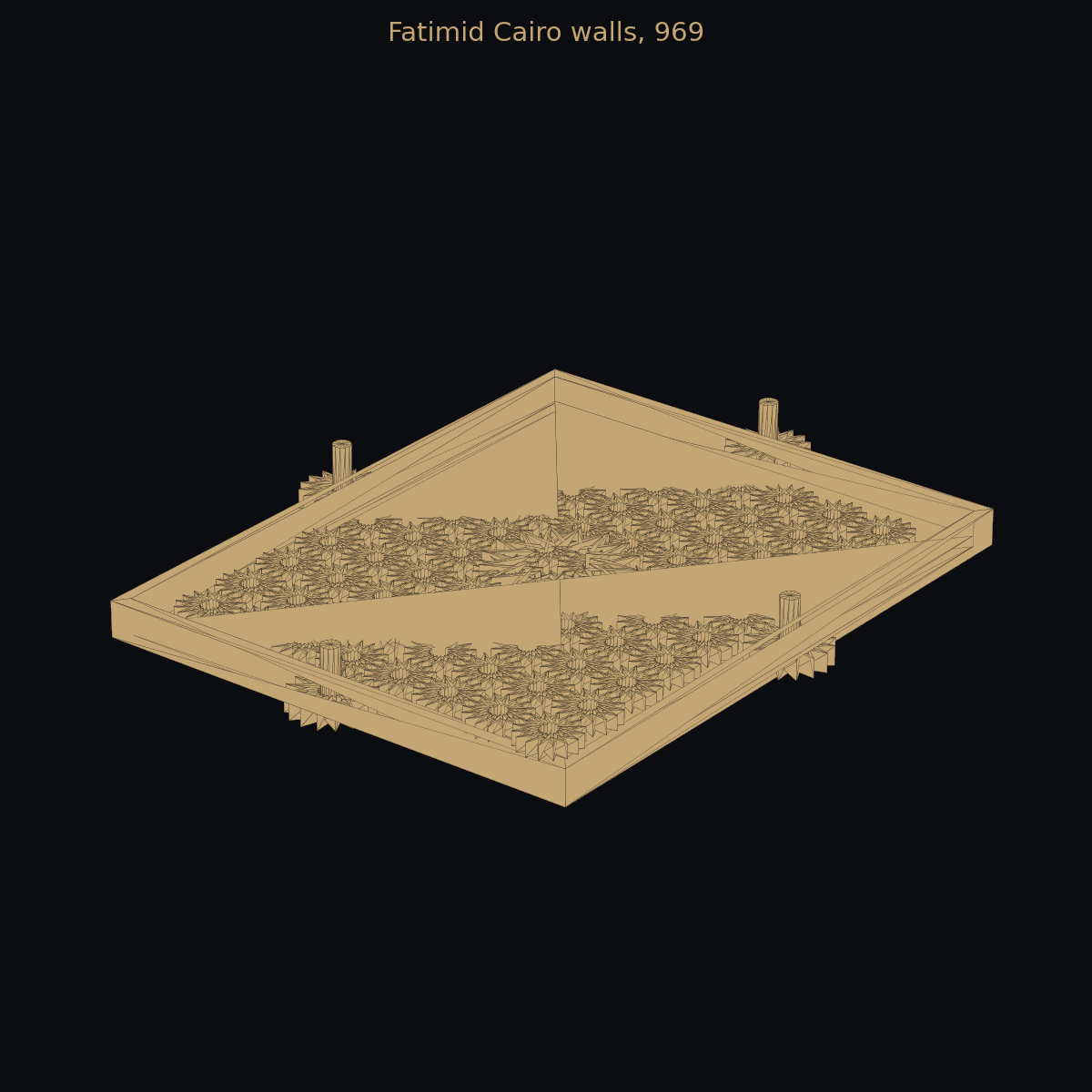 Fatimid Cairo walls, 969 — 3D schematic (two-color)