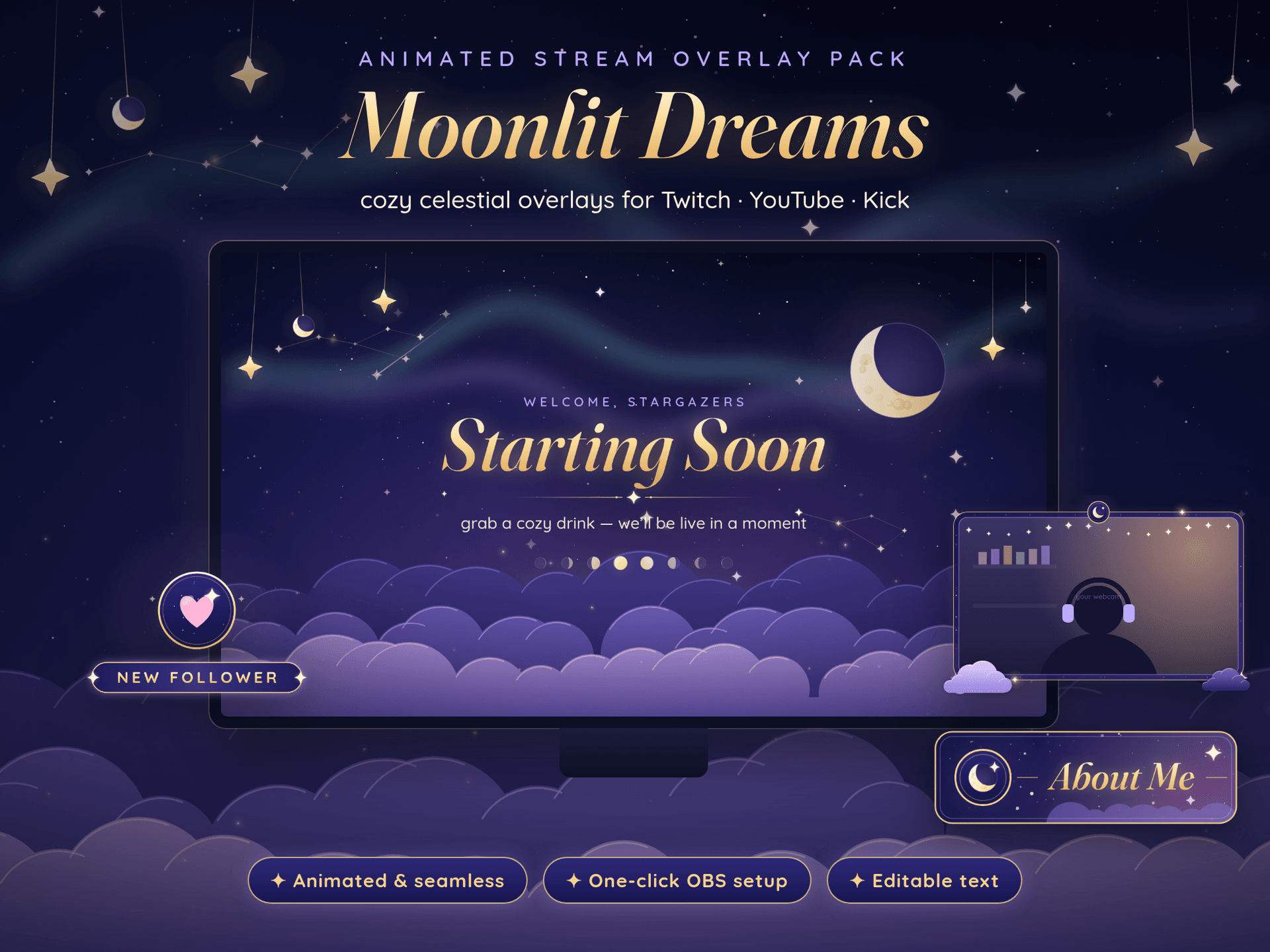 Animated Stream Overlay Pack – Moonlit Dreams | Cozy Celestial Twitch, YouTube & Kick Overlay for OBS & Streamlabs | Starting Soon, BRB, Alerts, Stinger, Webcam, Panels