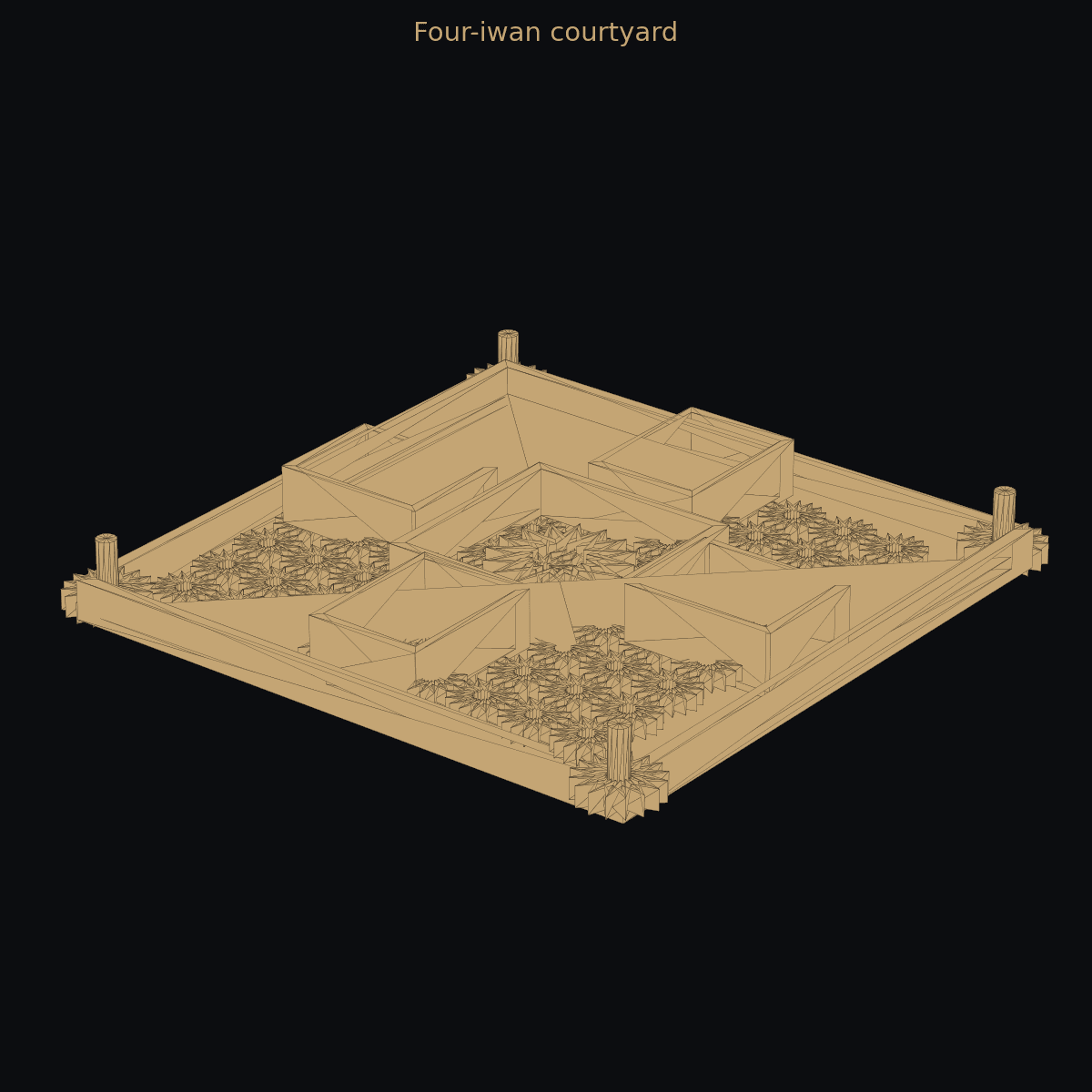 Four-iwan courtyard — 3D schematic (two-color)