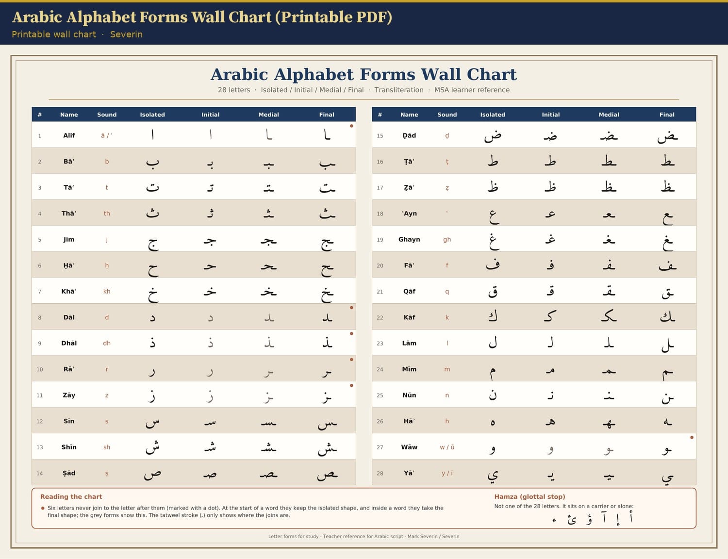 Arabic Alphabet Forms Wall Chart (Printable PDF)