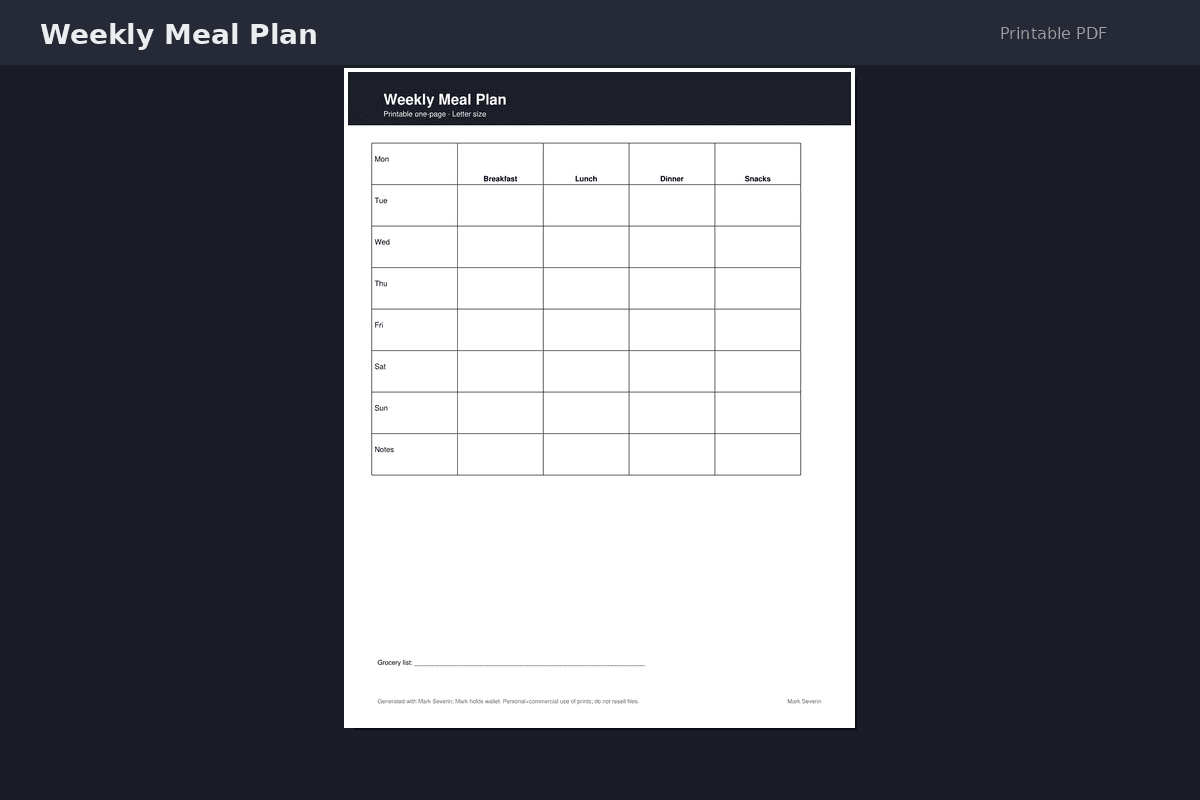 Weekly Meal Plan — Printable PDF