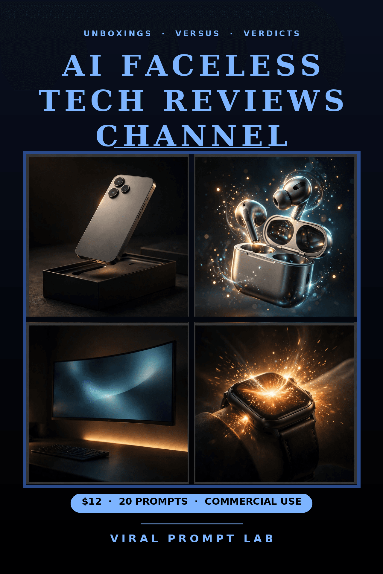 AI Faceless Tech Reviews Channel: 20 Copy-Paste AI Video Prompts for Unboxings,