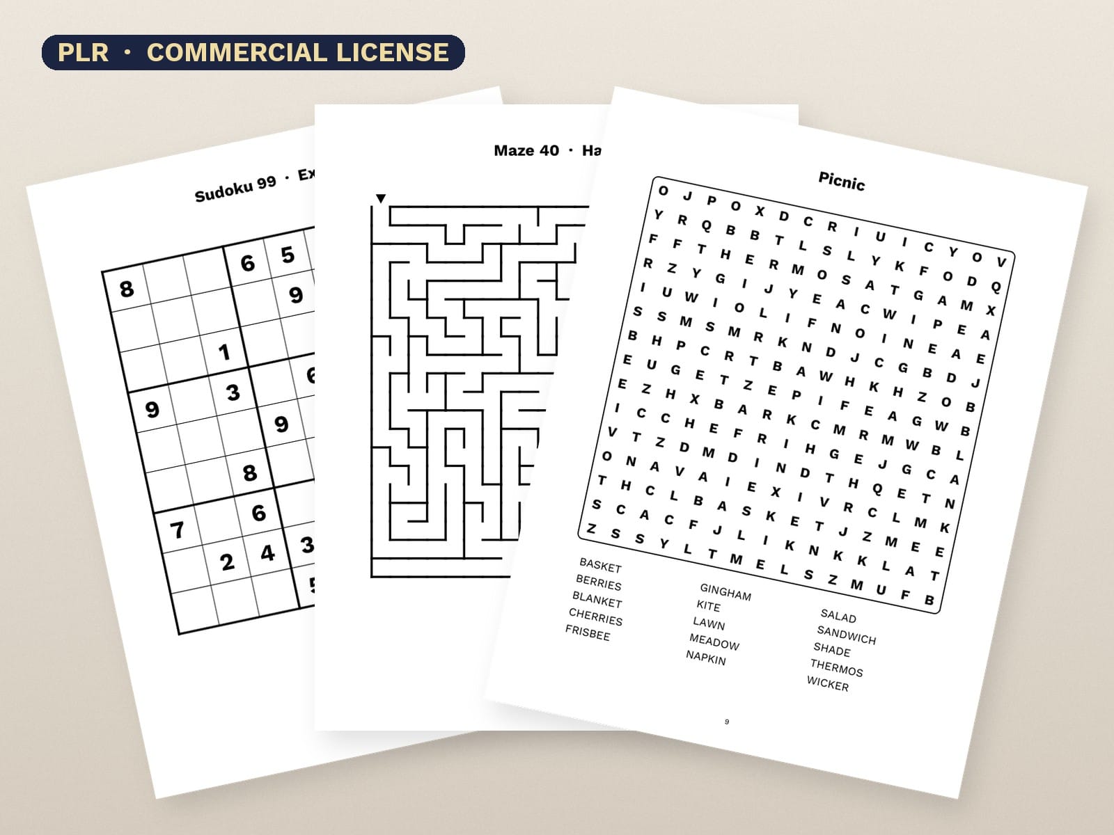 PLR Puzzle Pack for KDP: 220 New Sudoku, Mazes and Word Search with Commercial License