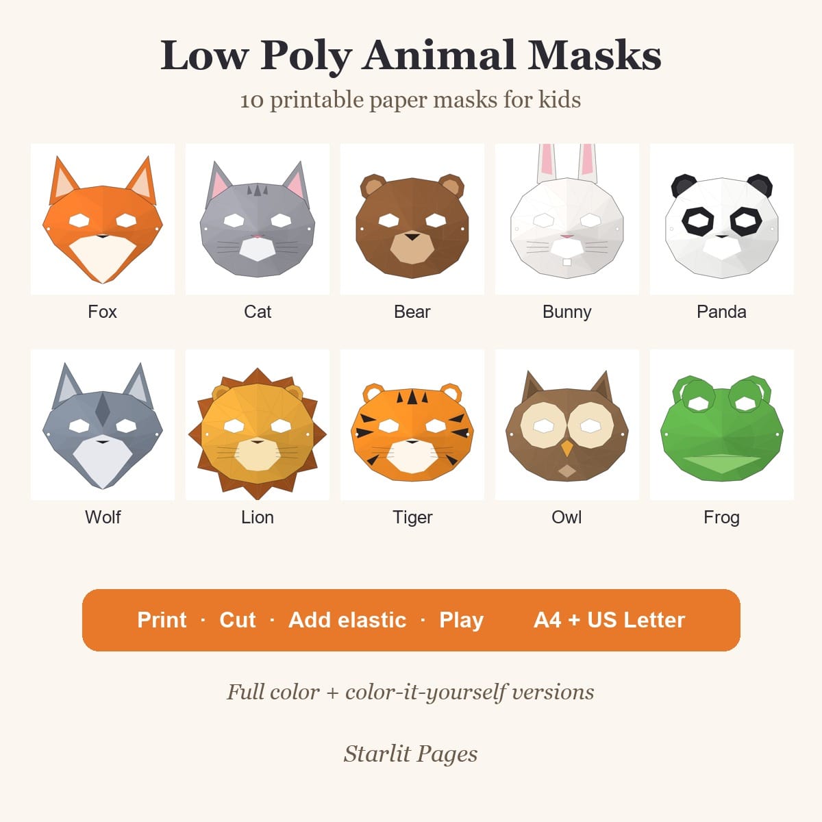 Animal Masks for Kids: 10 Printable Low Poly Paper Masks, Fox, Cat, Bear, Lion, Panda, PDF