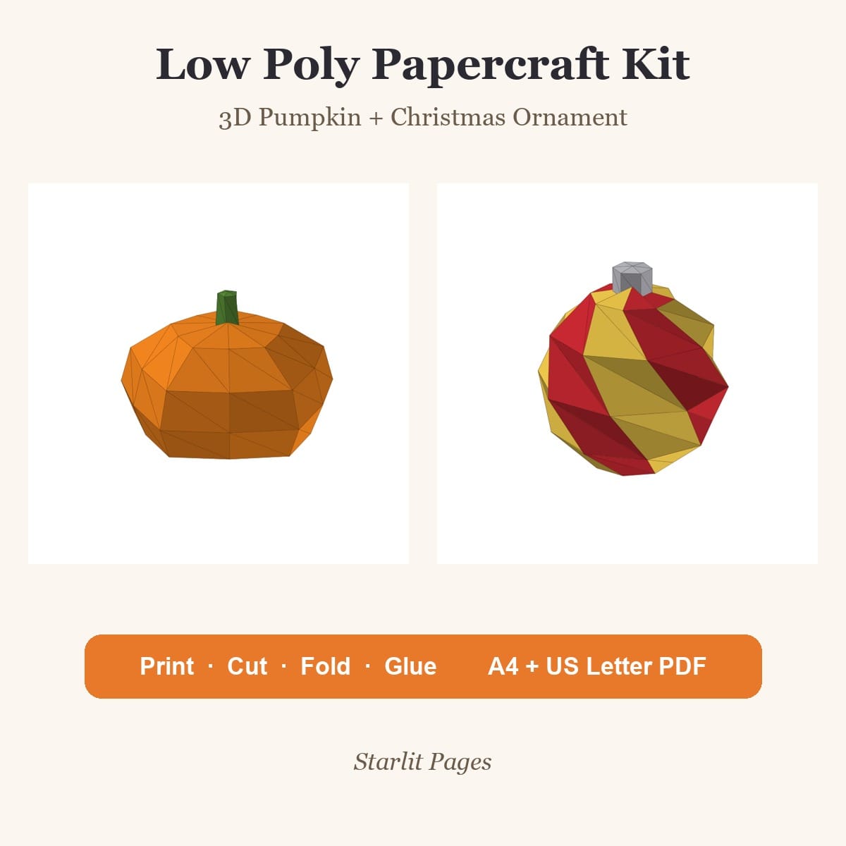 Low Poly Papercraft Templates: 3D Pumpkin and Christmas Ornament, Printable Paper Models,