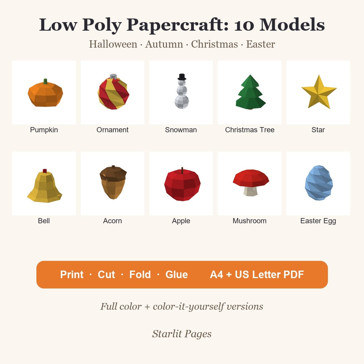 Low Poly Papercraft Bundle: 10 Printable 3D Paper Models, Halloween, Christmas, Easter, PD