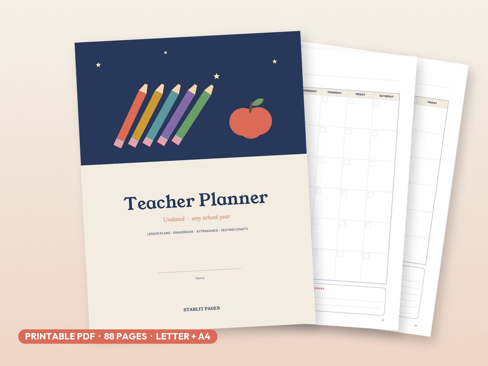 Undated Teacher Planner Printable: Lesson Plans, Gradebook, Attendance, PDF