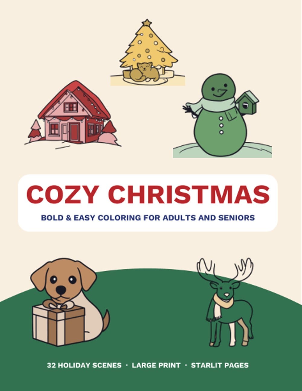 Cozy Christmas Bold and Easy Coloring Pages for Adults and Seniors, 32 Printable Pages, PD