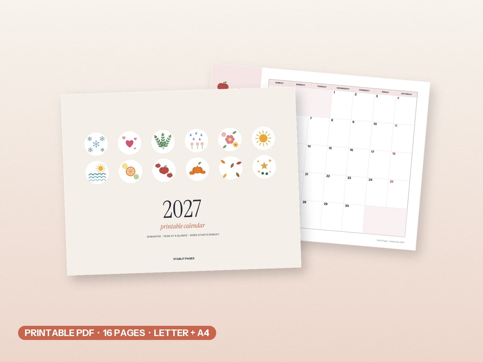 2027 Printable Calendar, Landscape Monthly Calendar with Illustrations, PDF