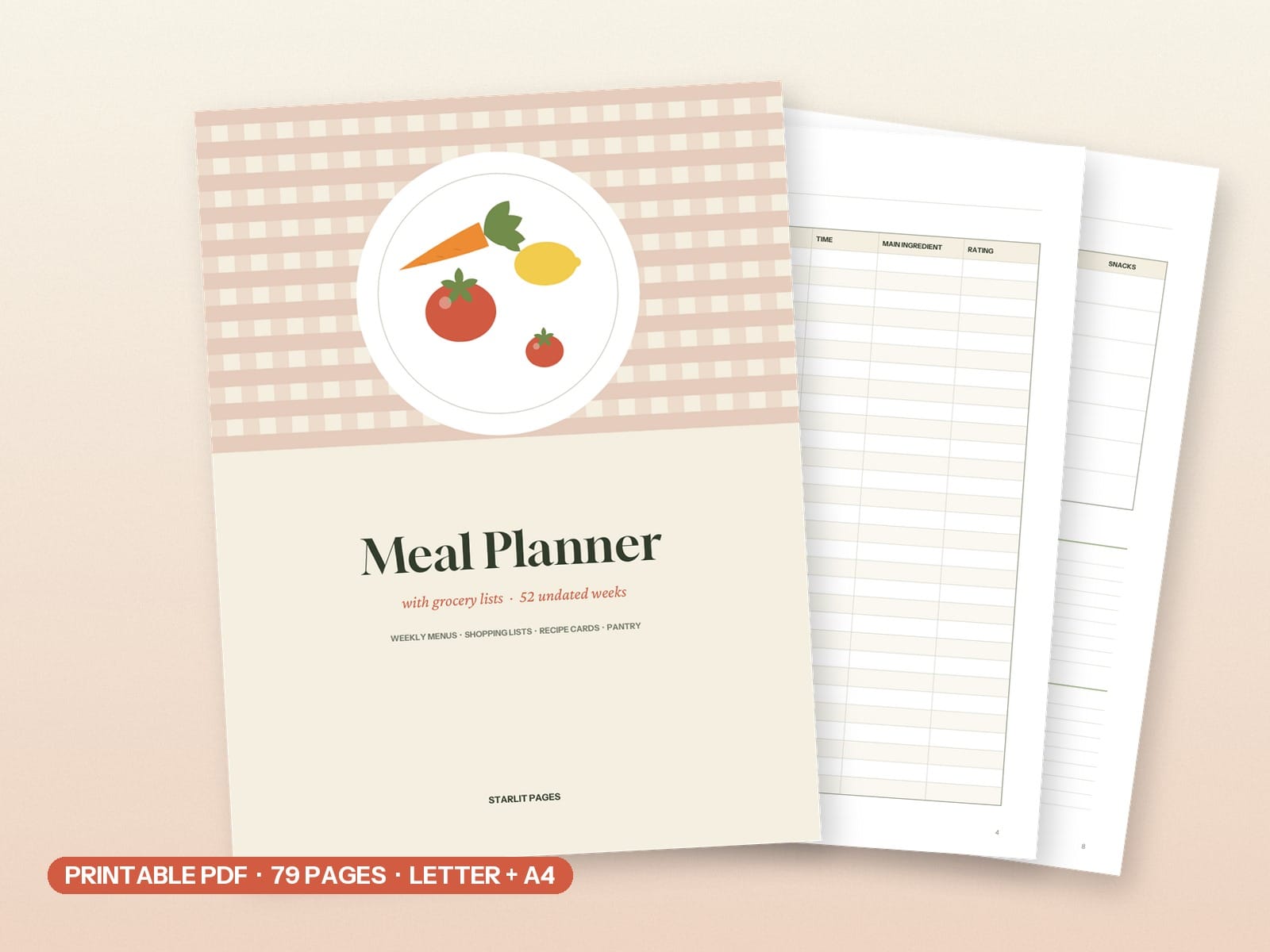 Meal Planner Printable with Grocery List, 52 Weeks Undated, Recipe Cards, PDF