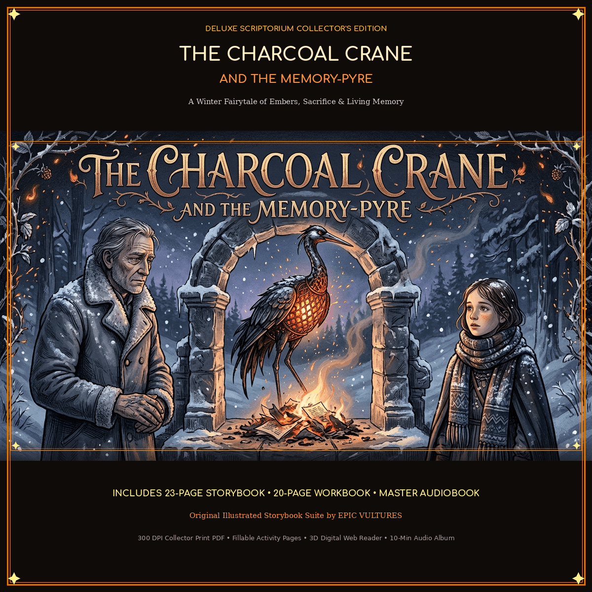 The Charcoal Crane and the Memory-Pyre: Deluxe Scriptorium Collector's Storybook & Audio Activity Suite Cover