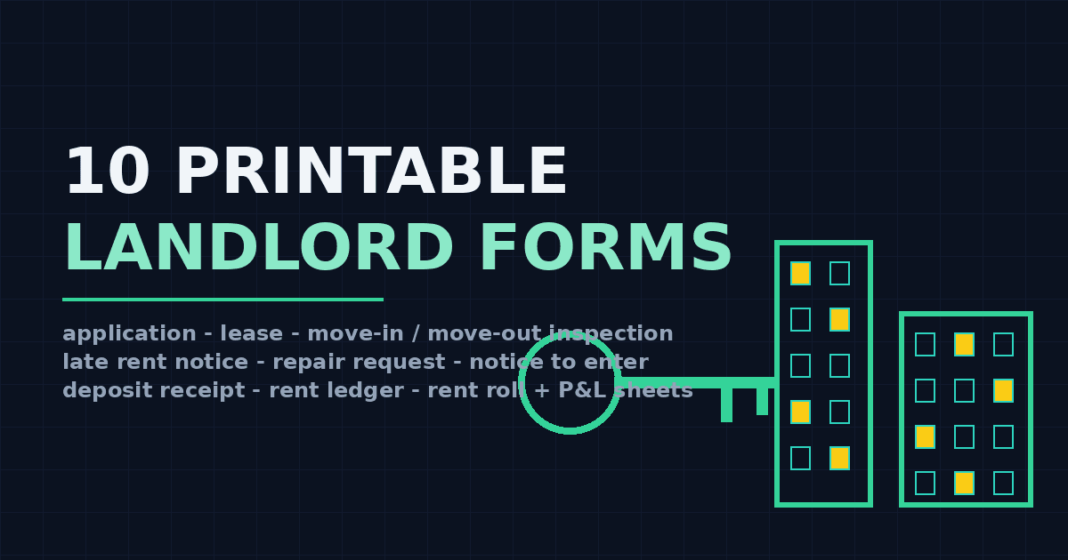 Cover: dark background with two buildings, lit windows and a large key, title 10 Printable Landlord Forms, printable forms and trackers