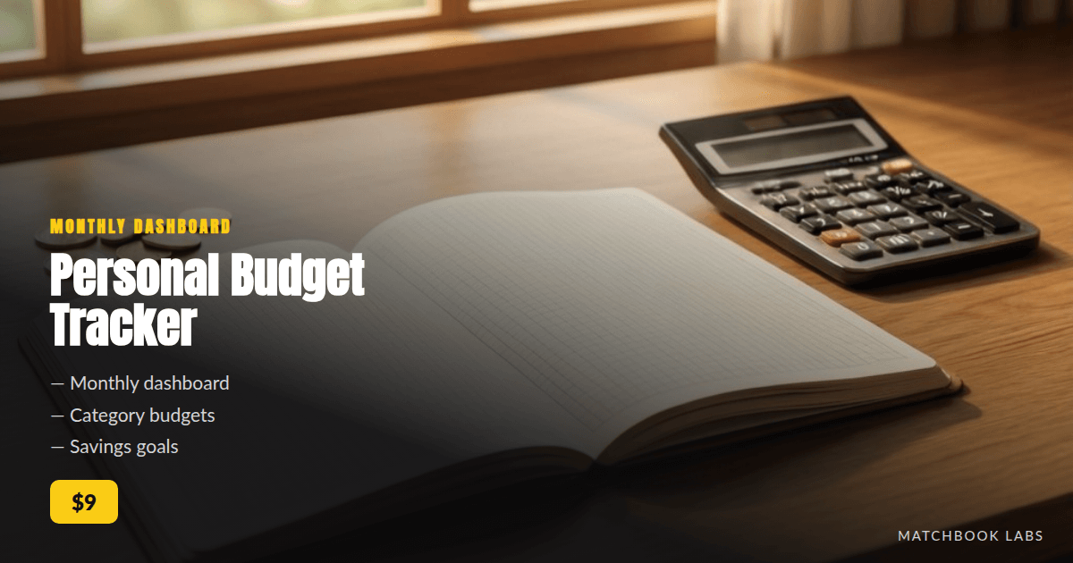 Personal Budget Tracker Spreadsheet (Monthly Dashboard, Category Budgets, Savings Goals)