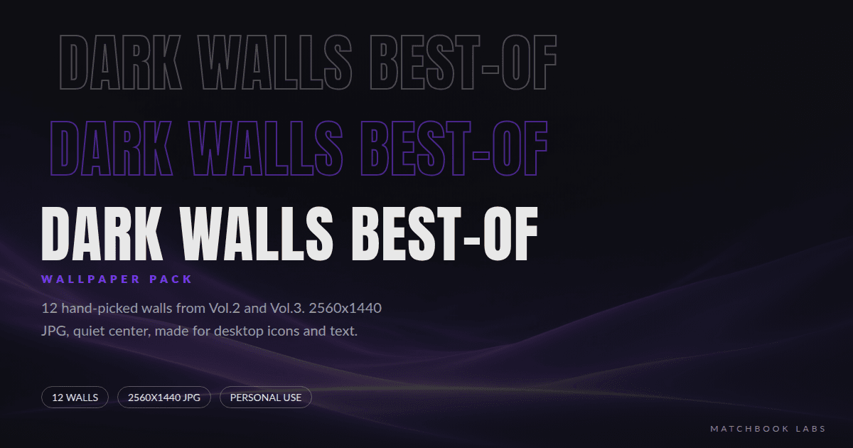 Cover: dark abstract violet gradient waves over black, title Dark Walls Best-Of, 12 hand-picked wallpaper pack