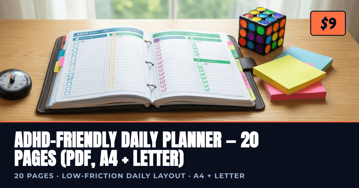 ADHD-Friendly Daily Planner — 20 Pages (PDF, A4 + Letter)