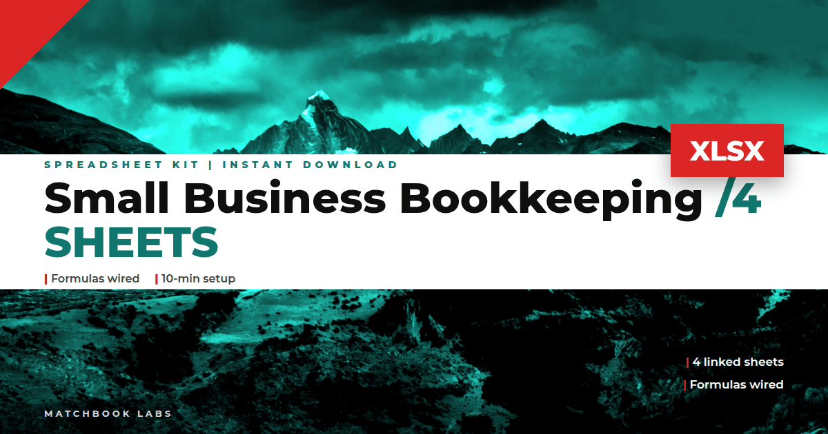 Small business bookkeeping spreadsheet cover: cash flow, invoices and tax prep for Google Sheets and Excel
