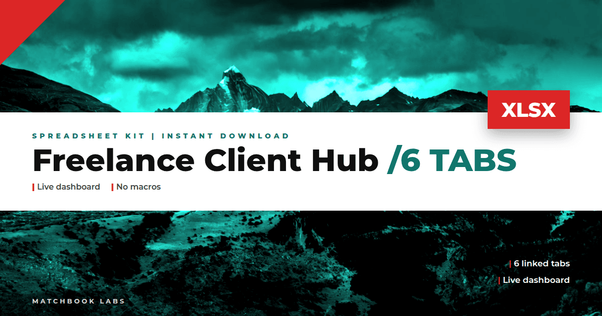 Freelance client hub spreadsheet cover: clients, invoices, income and pipeline tabs with dashboard formulas