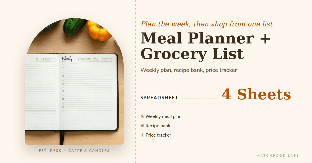 Meal planner cover: cream background, arch photo of a desk, headline Meal Planner plus Grocery List, bullets for weekly meal plan, recipe bank and price tracker