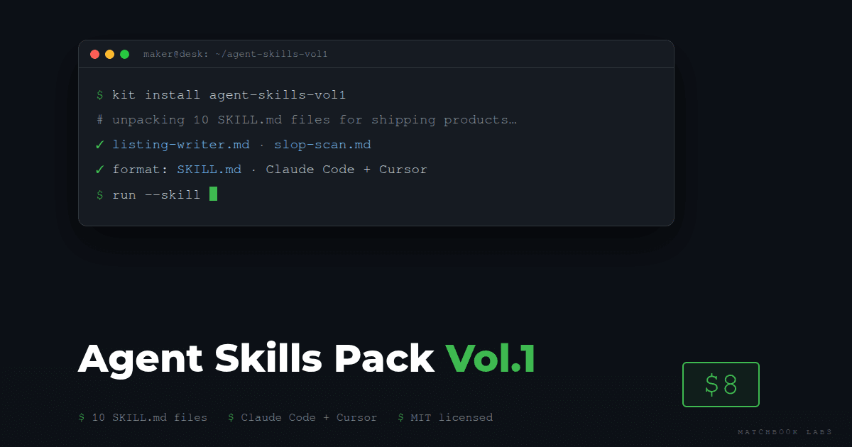 Cover: dark navy background, monospace file-tree of ten skill files, title Matchbook Ops Skill Pack Vol.1, subtitle 10 agent skill files