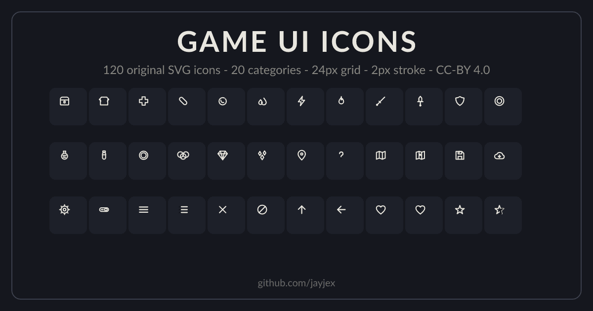 Cover: 36 of the 120 game UI icons laid out as a 12x3 mosaic of line glyphs on dark #15171e, title GAME UI ICONS, 20 categories, 24px grid, CC-BY 4.0