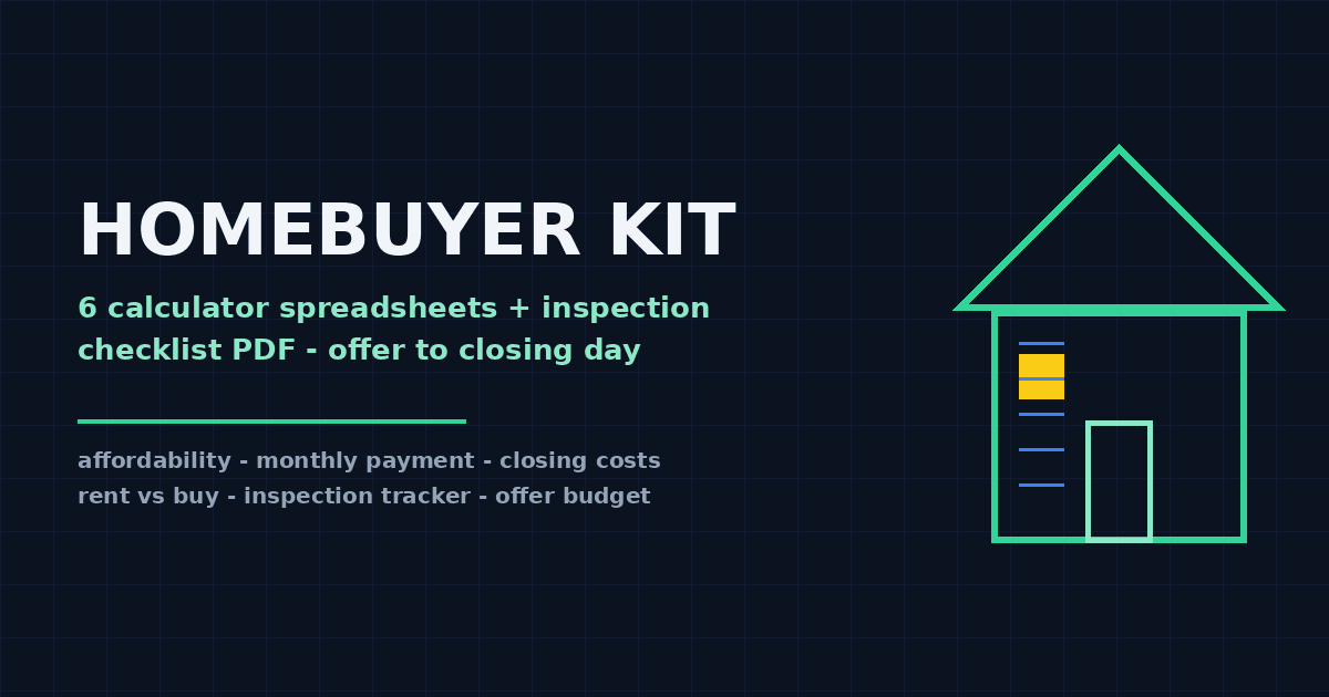 Cover: dark blueprint-style house with lit window on grid background, title Homebuyer Kit, 6 calculator spreadsheets plus checklist