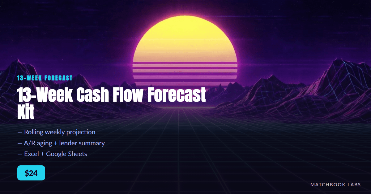 Cover: spreadsheet layout with 13 week columns, title 13-Week Cash Flow Forecast Kit, ending cash line chart, red below-minimum week flagged