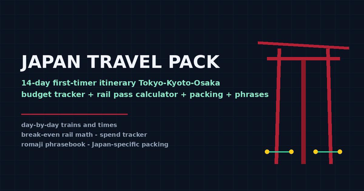 Cover: dark background with red torii gate motif and green route dots, title Japan Travel Pack, 14-day first-timer itinerary with budget and rail trackers